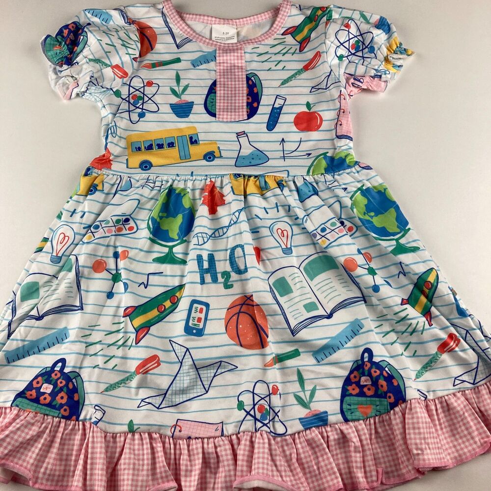 Girls 2-3Y Back to School Dress School Bus Books Science Apple Pink Ruffle